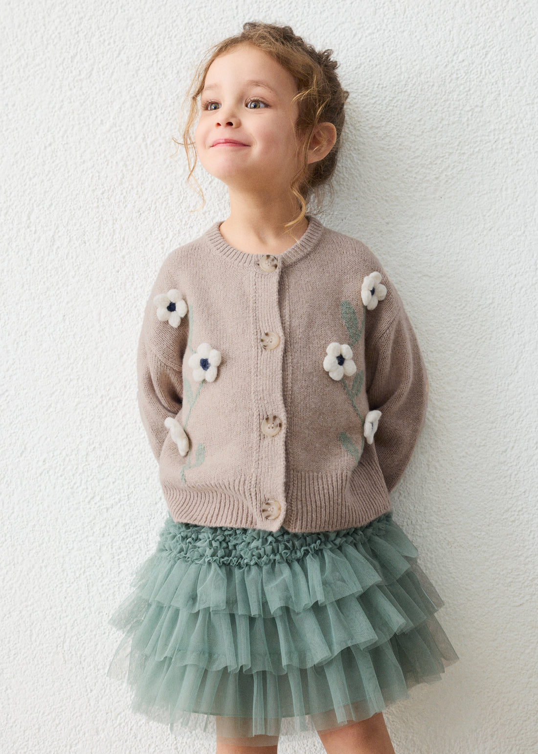 Mayoral Girl Floral Knit Cardigan - Waffle Mix worn by a child in a close lifestyle scene