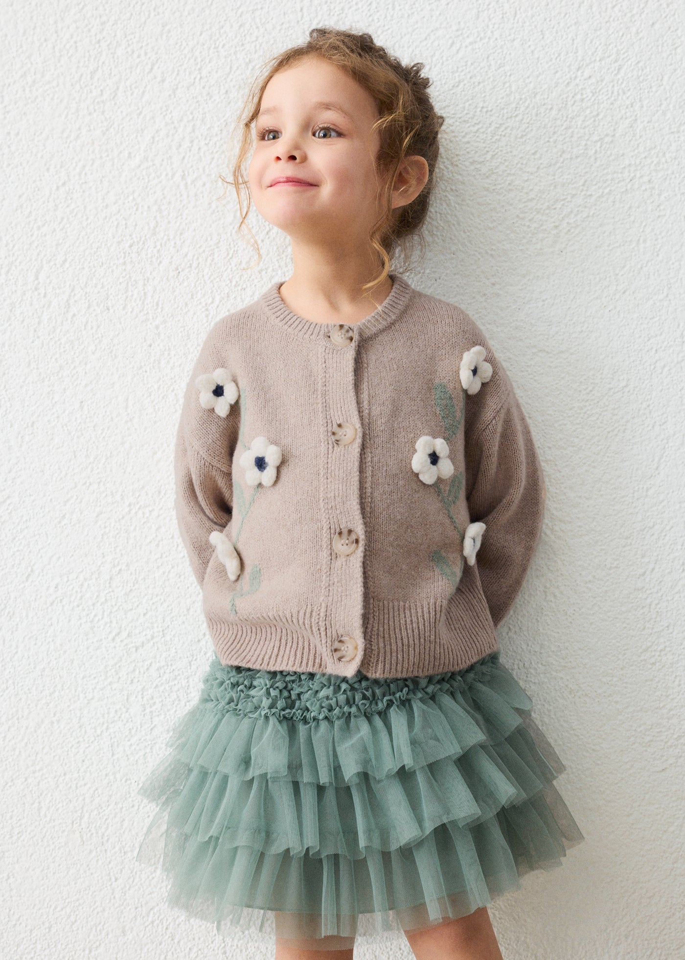 Mayoral Girl Floral Knit Cardigan - Waffle Mix