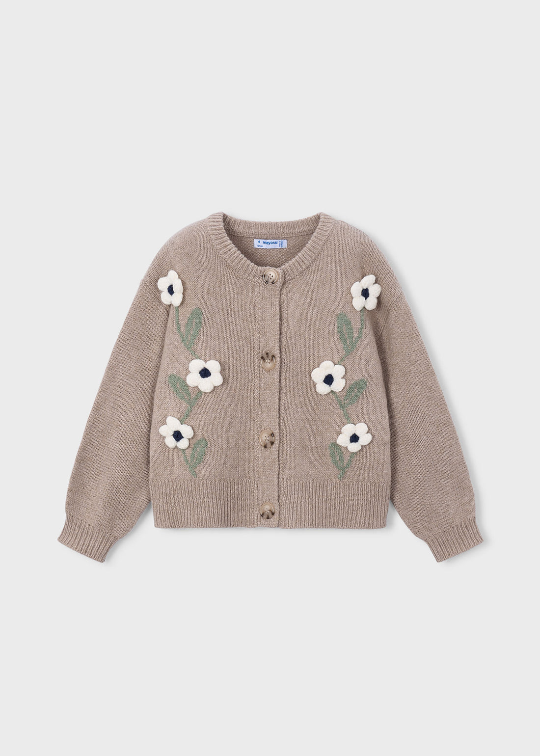 Mayoral Girl Floral Knit Cardigan - Waffle Mix shown from the front on a clean background