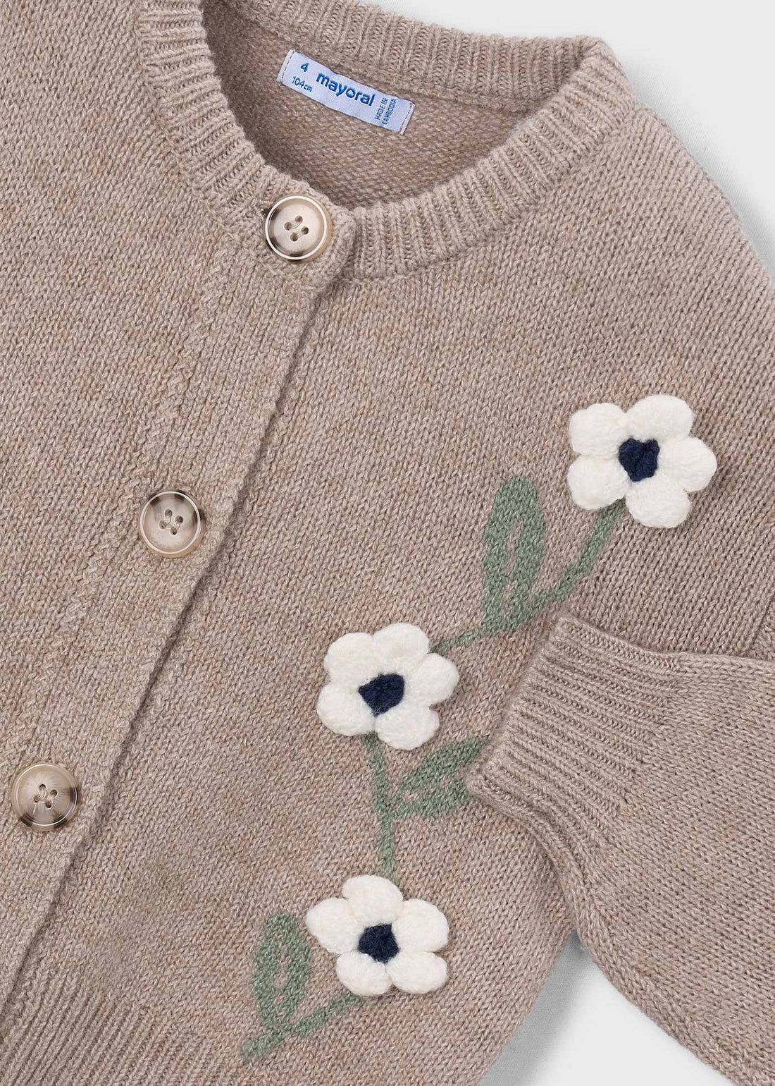 Mayoral Girl Floral Knit Cardigan - Waffle Mix close-up of neckline, trim and front design details