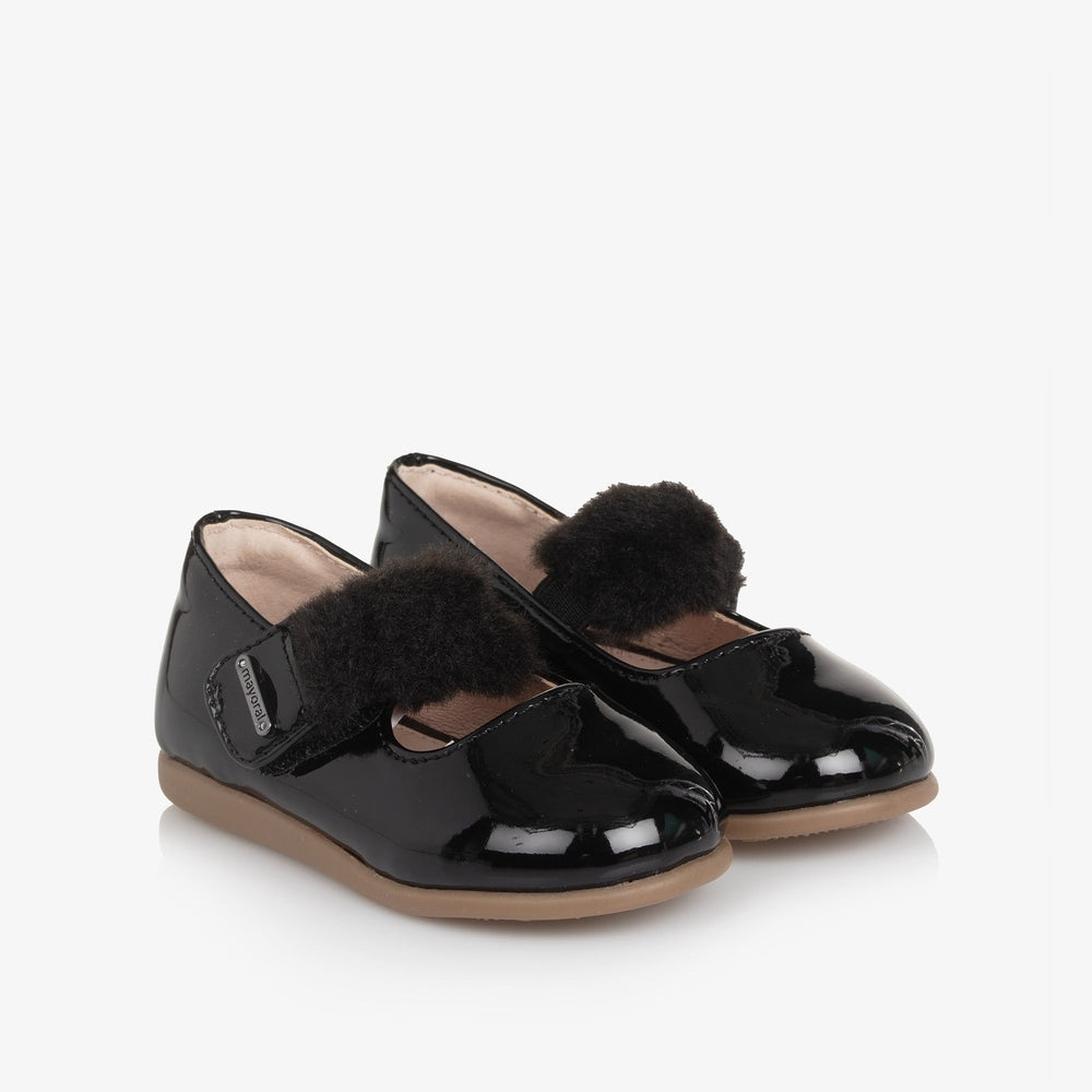 Mayoral Girl Patent Leather Mary Janes, black glossy upper with tan sole, pair displayed side by side.