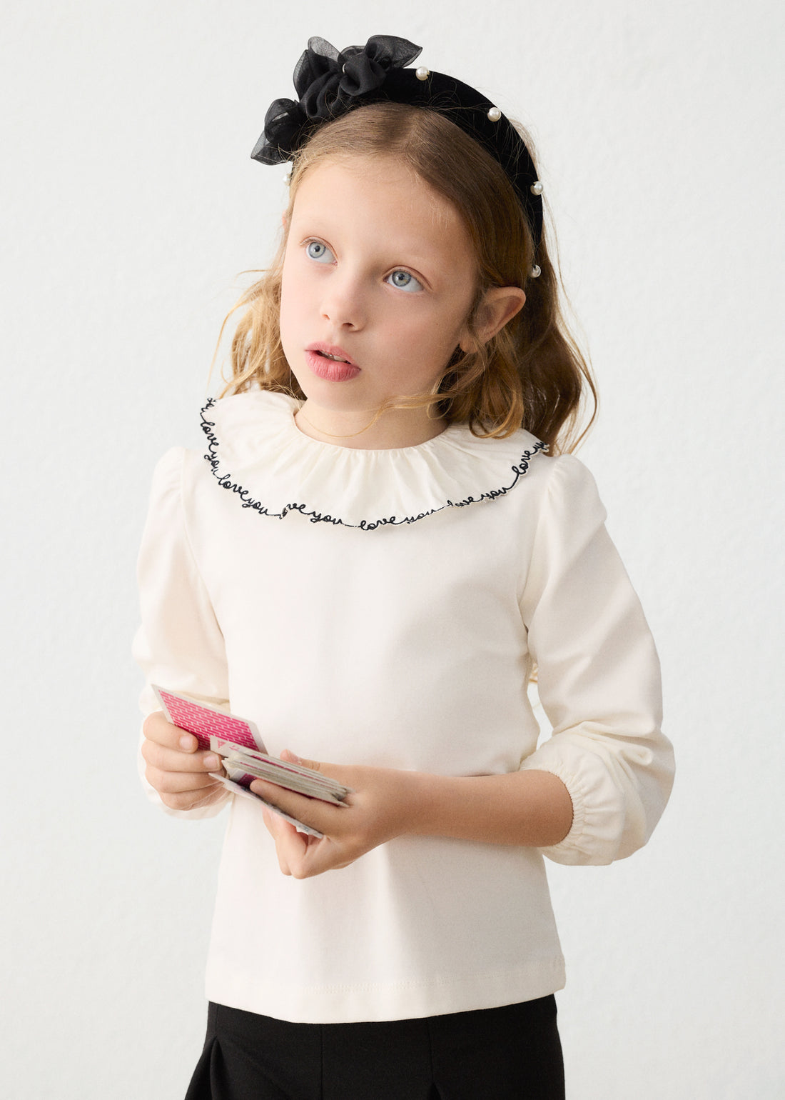 Mayoral Girl Ruffle Collar Blouse - Natural-Black worn by a child in a close lifestyle scene