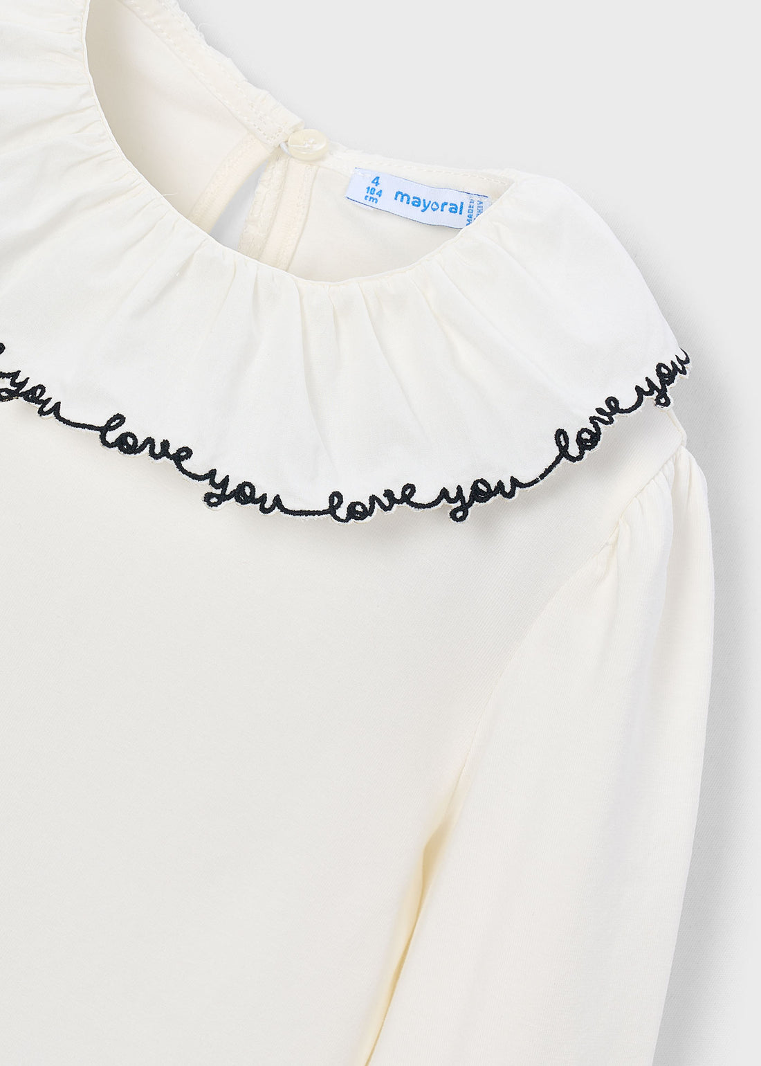 Mayoral Girl Ruffle Collar Blouse - Natural-Black close-up of neckline, trim and front design details