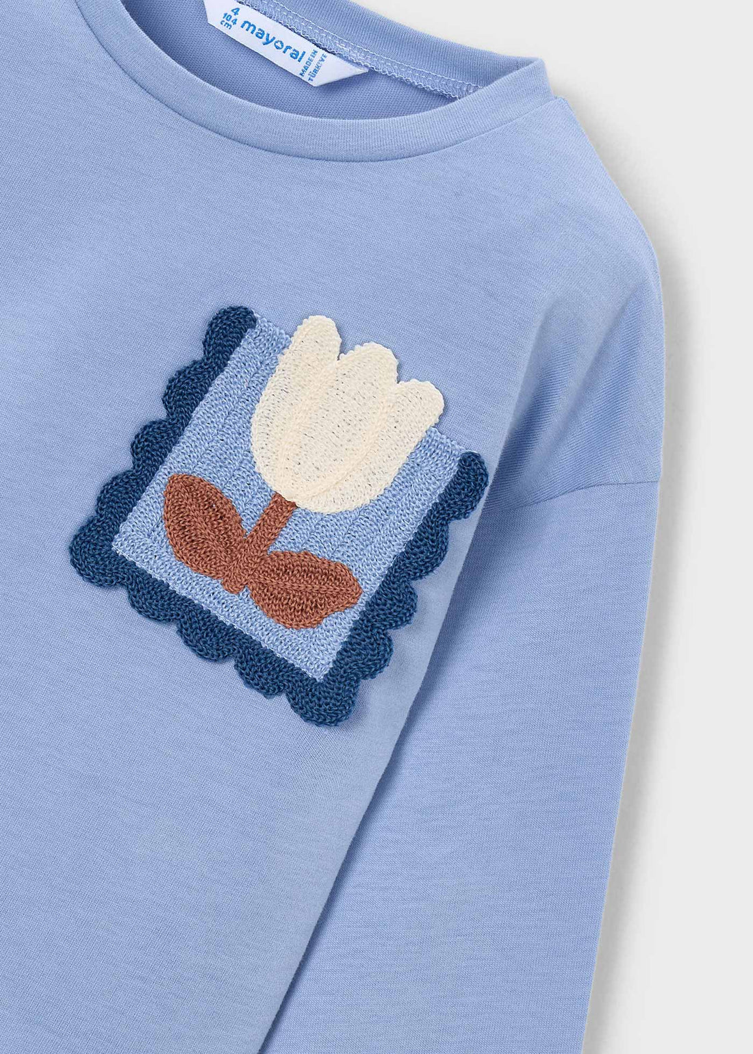 Mayoral Girl T-Shirt - Sky close-up of neckline, trim and front design details