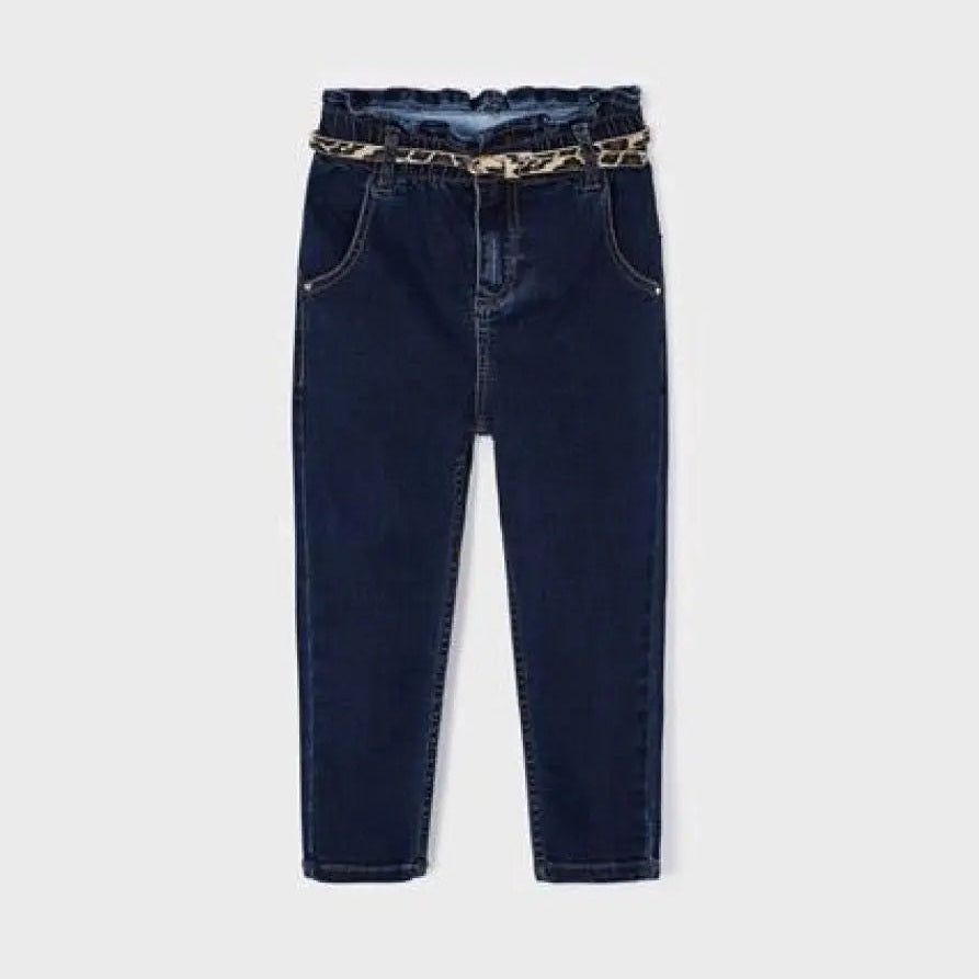 MAYORAL Girls Denim Pants with Leopard Belt, dark wash denim shown with leopard-print belt at the waist.