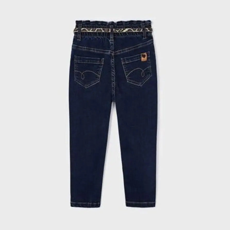 MAYORAL girls denim pants with belt in dark wash, back pockets and logo tag, belt visible.