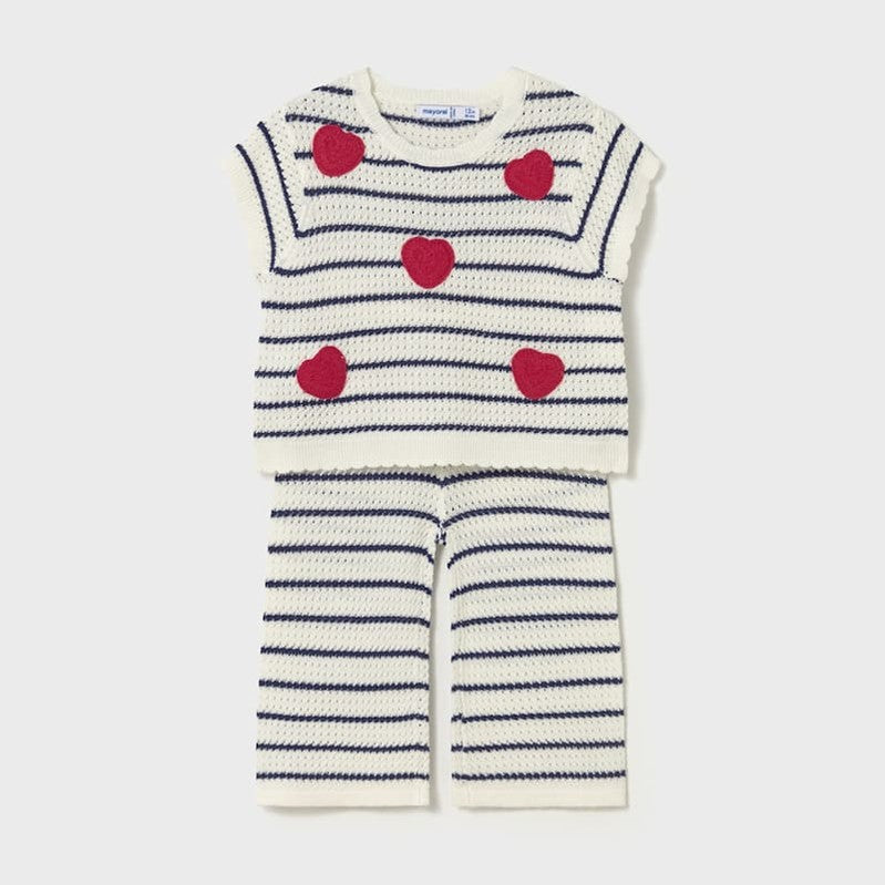 MAYORAL Mayoral Baby Knit Pants Set Natural Navy striped with red heart appliques in chunky knit img 1/4