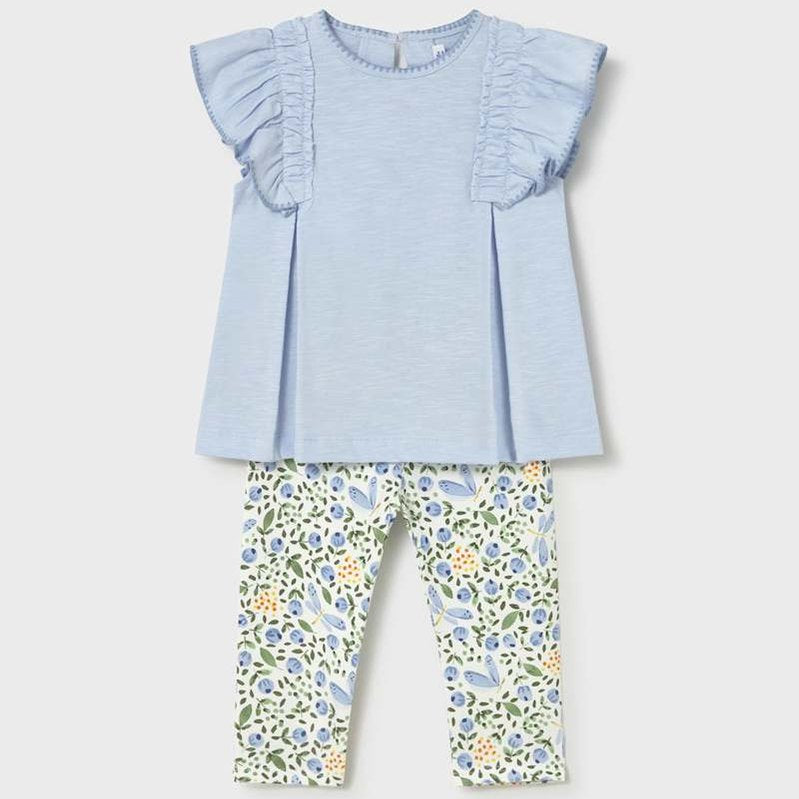 MAYORAL Mayoral Baby Leggings Set Sky Ruched flutter sleeves with botanical floral print leggings img 1/3