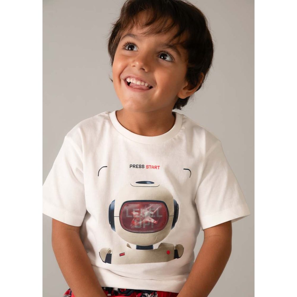 MAYORAL Mayoral Lenticular Short Sleeve T-Shirt Cream Robot graphic with PRESS START and GAME OVER screen img 3/6