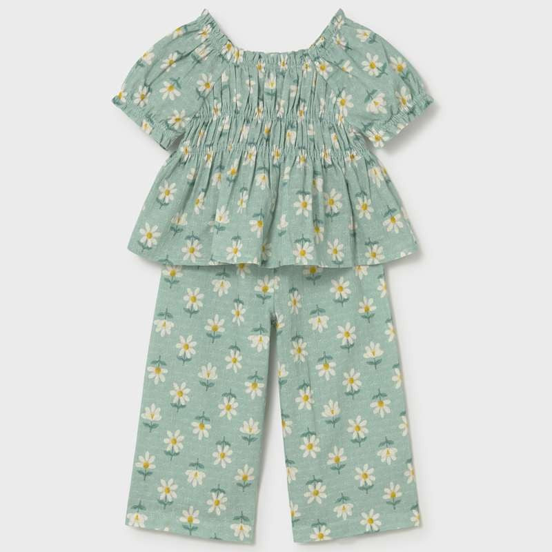 MAYORAL Mayoral Baby Long Trousers Lake Smocked peplum top and pants set with daisy print img 1/3