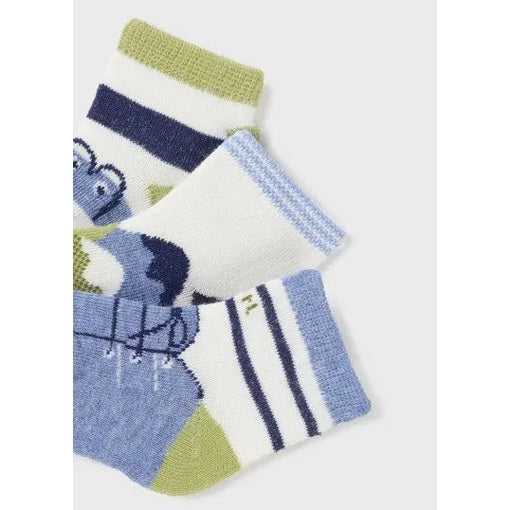 MAYORAL Newborn 3 Pack Socks Organic Cotton Tortuga; three striped socks shown on tiny feet with turtle motif.