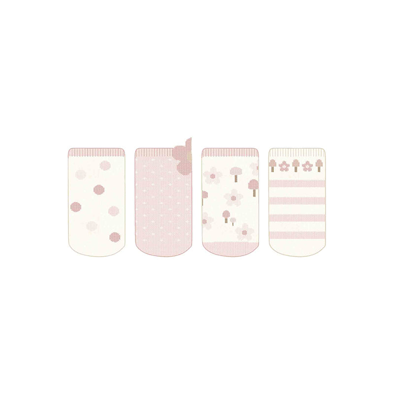 Mayoral newborn 4-pack socks in pastel pink and cream featuring polka dots, bow tab, floral trees, and stripes