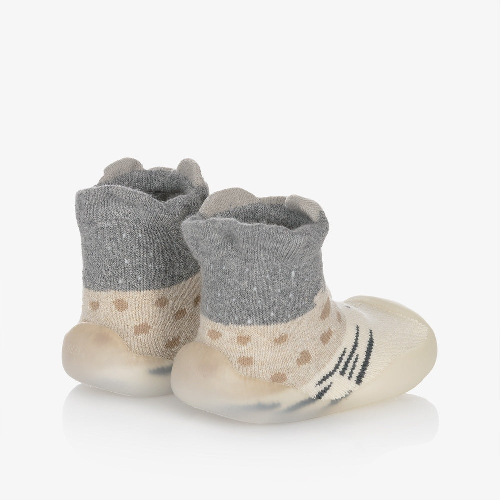 Mayoral newborn baby slipper socks-two gray knit socks with beige dotted band and cream grip soles.