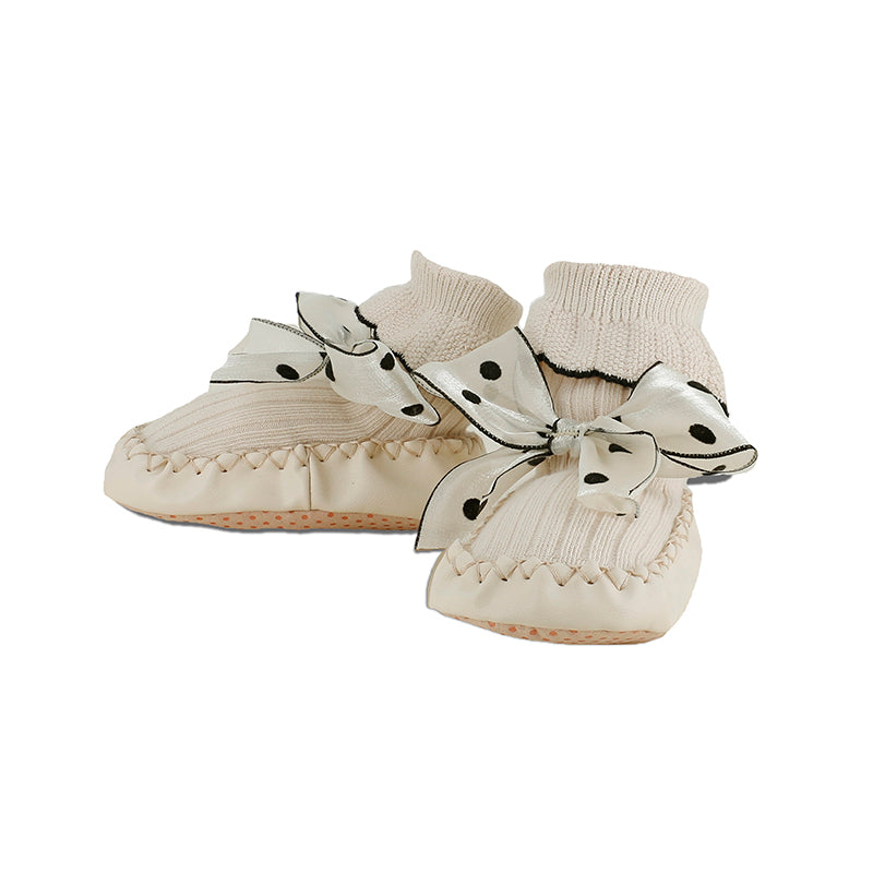 MAYORAL Newborn Bow Shoes Cream, cream knit uppers with satin polka-dot ribbon bows tied on each shoe.