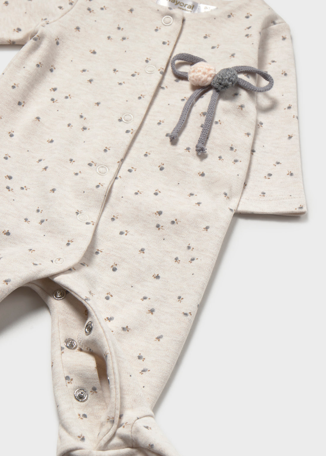 Mayoral Newborn Girl Pajama - Heather Milk close-up of print, trim and construction details