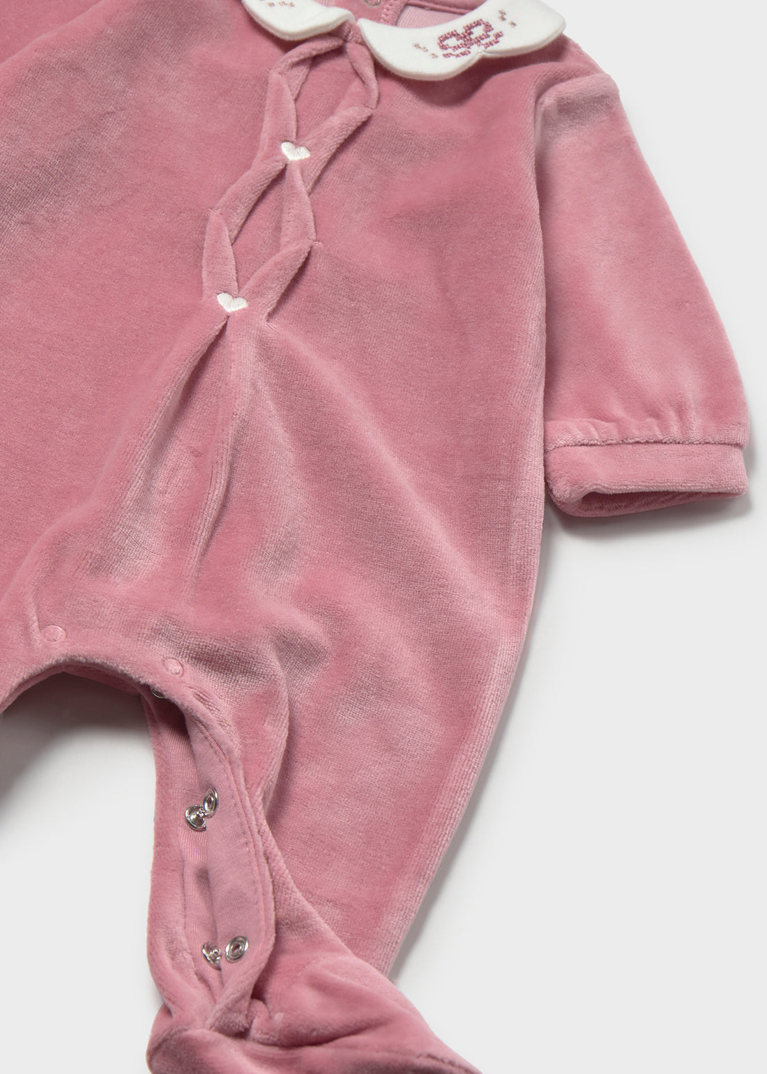 Mayoral Newborn Girl Wave Collar One-Piece - Cipria close-up of print, trim and construction details