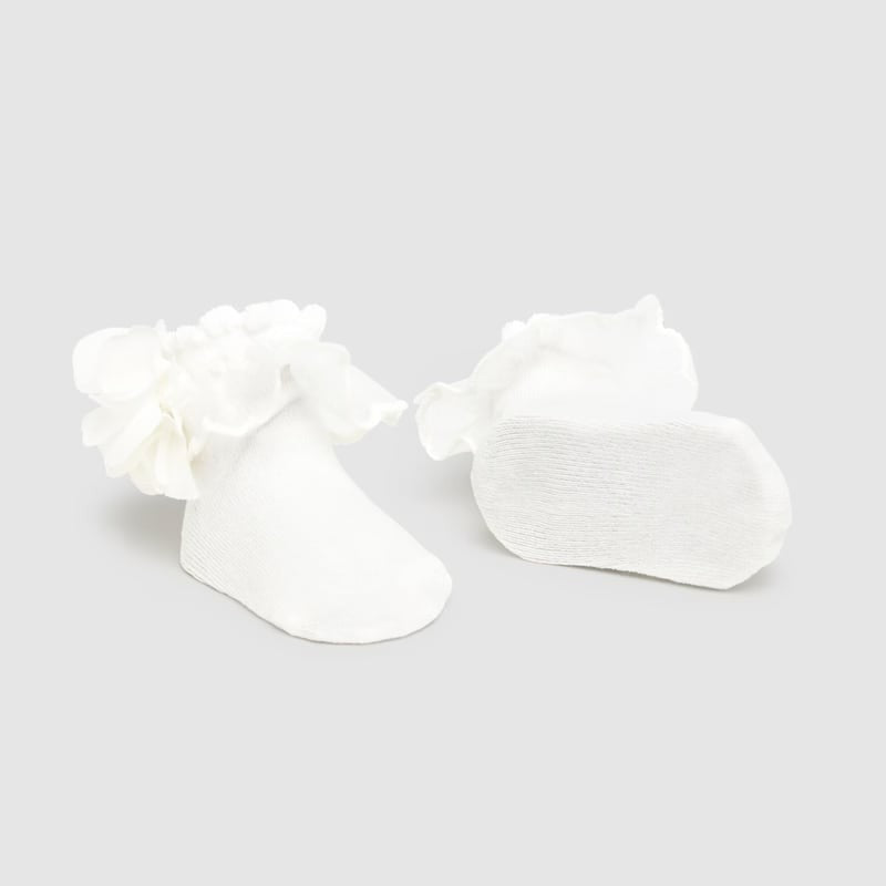 Mayoral newborn headband and socks set, natural white with a ruffled flower; headband