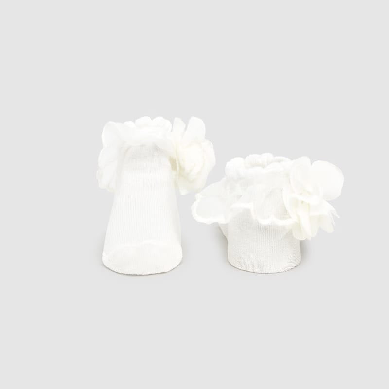 Mayoral Newborn Headband And Socks Set Natural, white knit with ruffled fabric flowers, shown as two separate pieces.