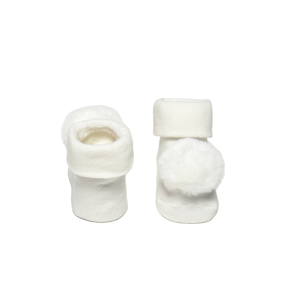 Mayoral newborn headpiece and socks set natural, white knit with fluffy pom-pom, shown as headband and sock booties.