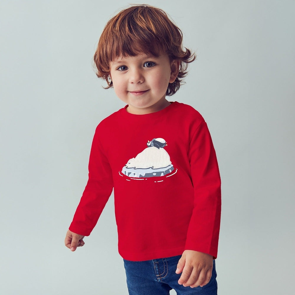 MAYORAL polar bear and penguin shirt in red, long-sleeve toddler top