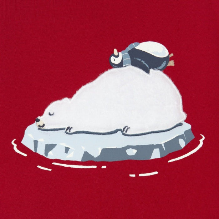 Mayoral polar bear and penguin shirt on red fabric with iceberg graphic