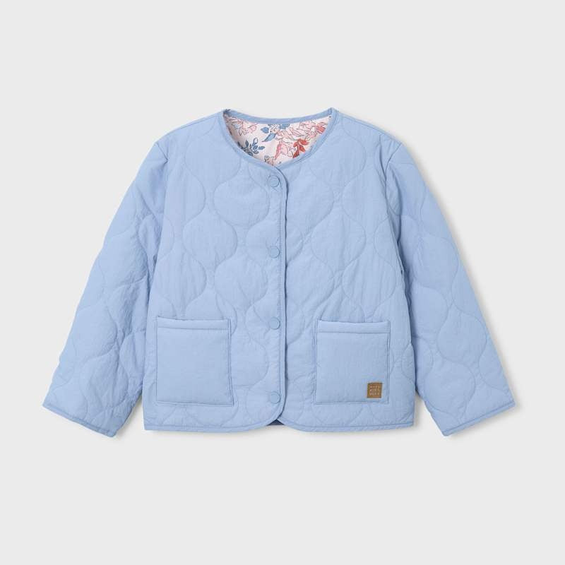 MAYORAL Mayoral Reversible Padded Jacket Sky blue Diamond quilted with button closure and floral print lining img 1/6