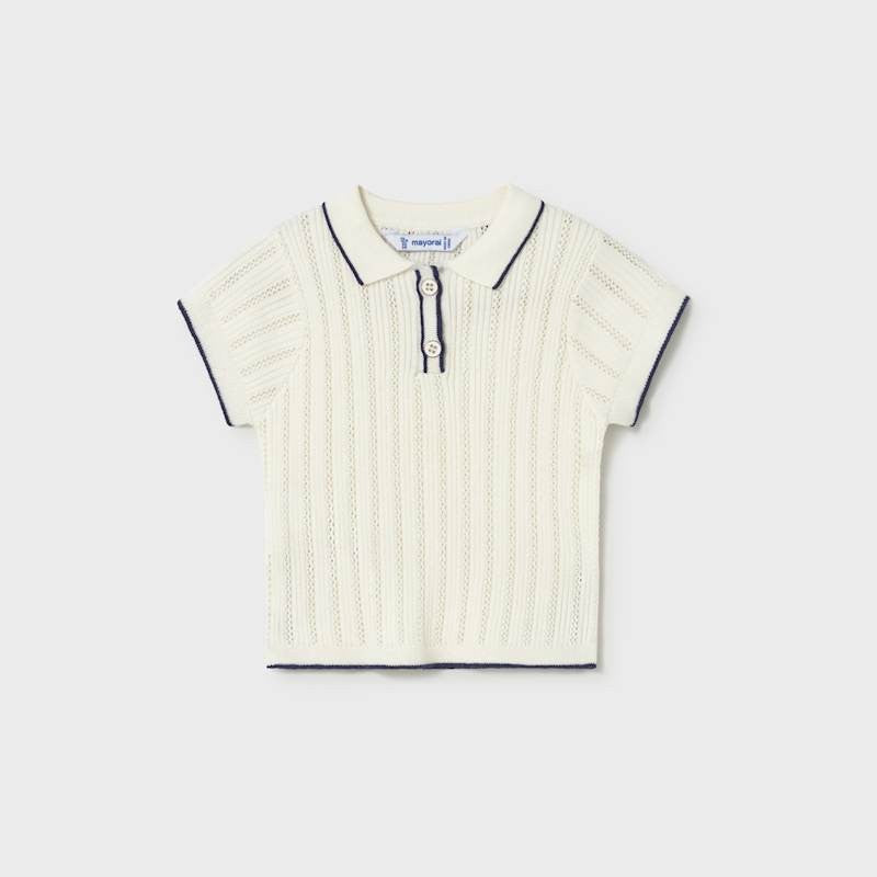 MAYORAL Mayoral Baby Short Sleeve Polo Natural Pointelle vertical stripe knit with navy contrast trim img 1/3