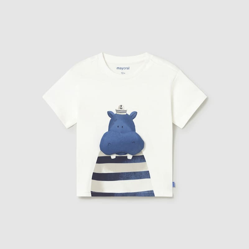 White t-shirt with a blue hippo design on a light gray background