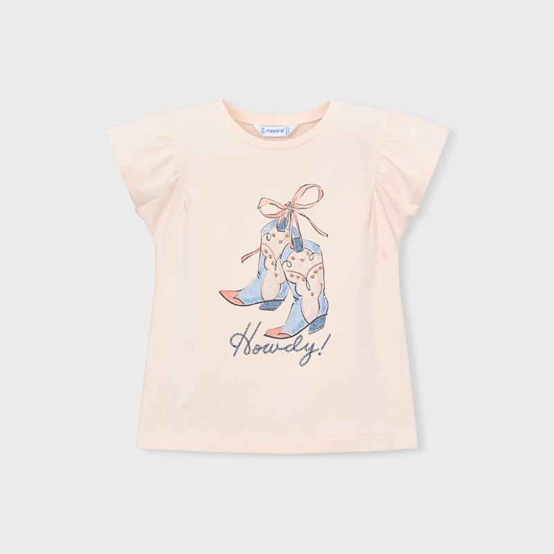 MAYORAL Mayoral Short Sleeve T-Shirt Salmon Flutter sleeves with cowboy boots and 'Howdy!' graphic img 1/5
