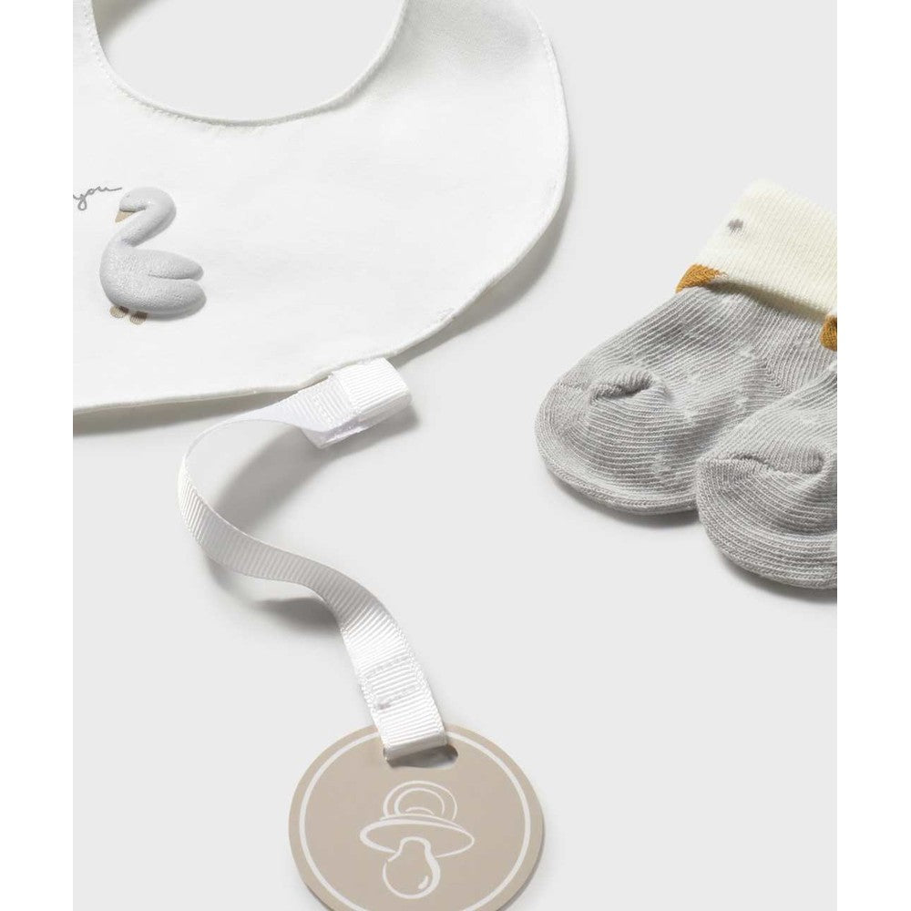 MAYORAL Mayoral Baby Short Pajama Gift Set White includes swan-embroidered bib, ribbed booties, and pacifier clip img 2/4