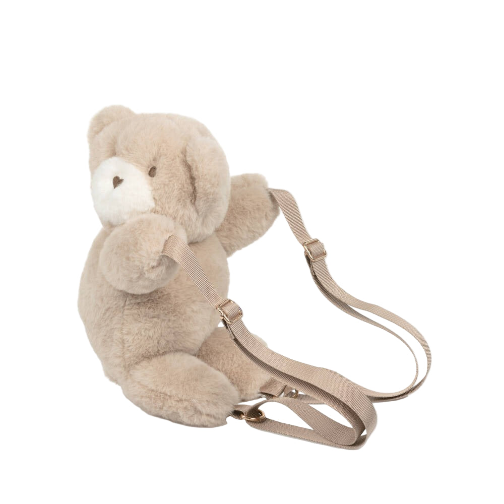 Mayoral Teddy Bear Backpack, soft beige plush bear with adjustable beige straps worn as a mini backpack.
