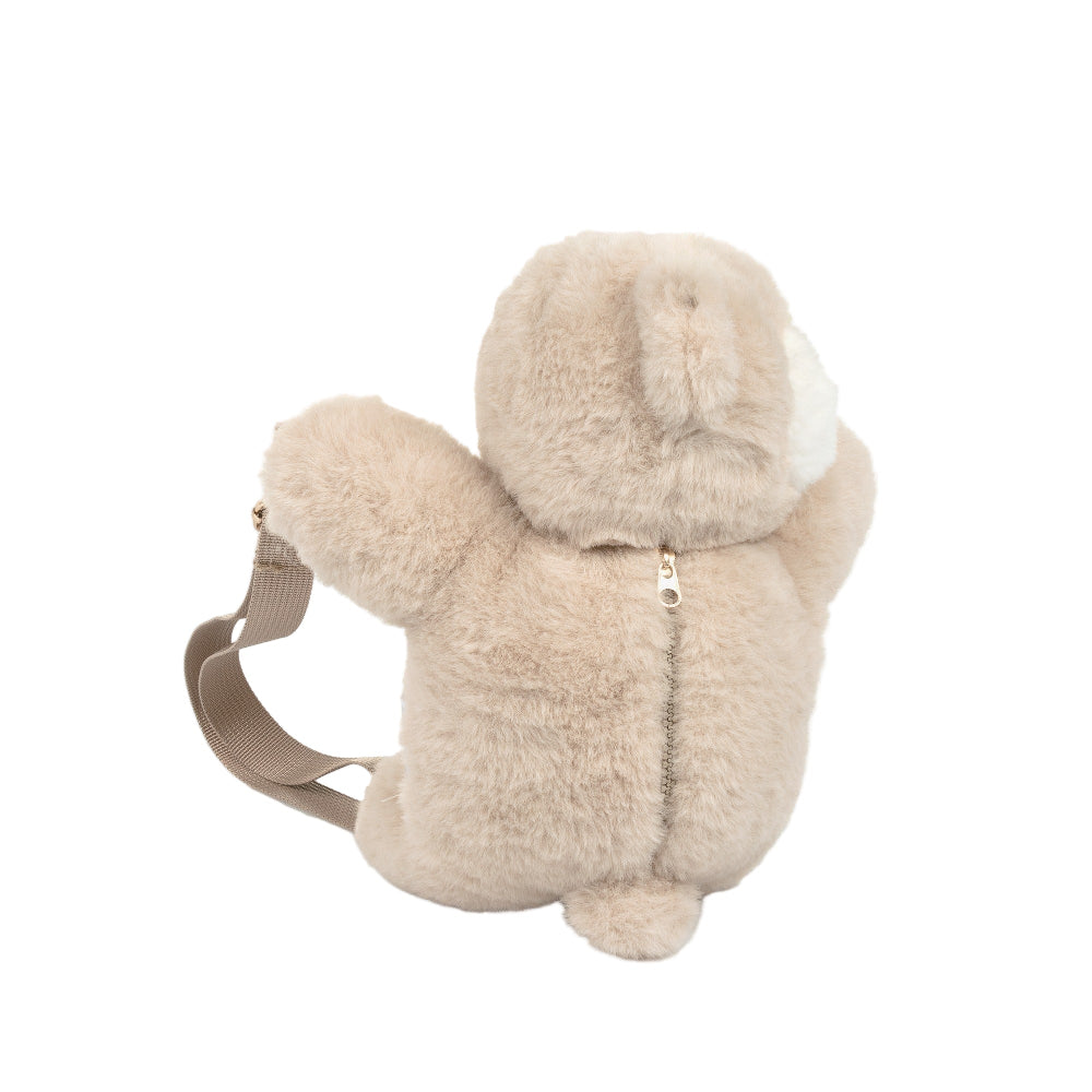 MAYORAL Teddy Bear Backpack in beige plush with a zipper closure and adjustable straps.