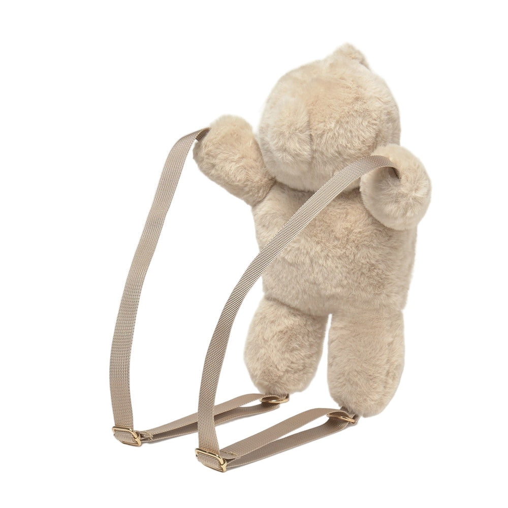 Mayoral Teddy Bear Backpack in beige plush with adjustable beige straps hanging from the bear's arms.