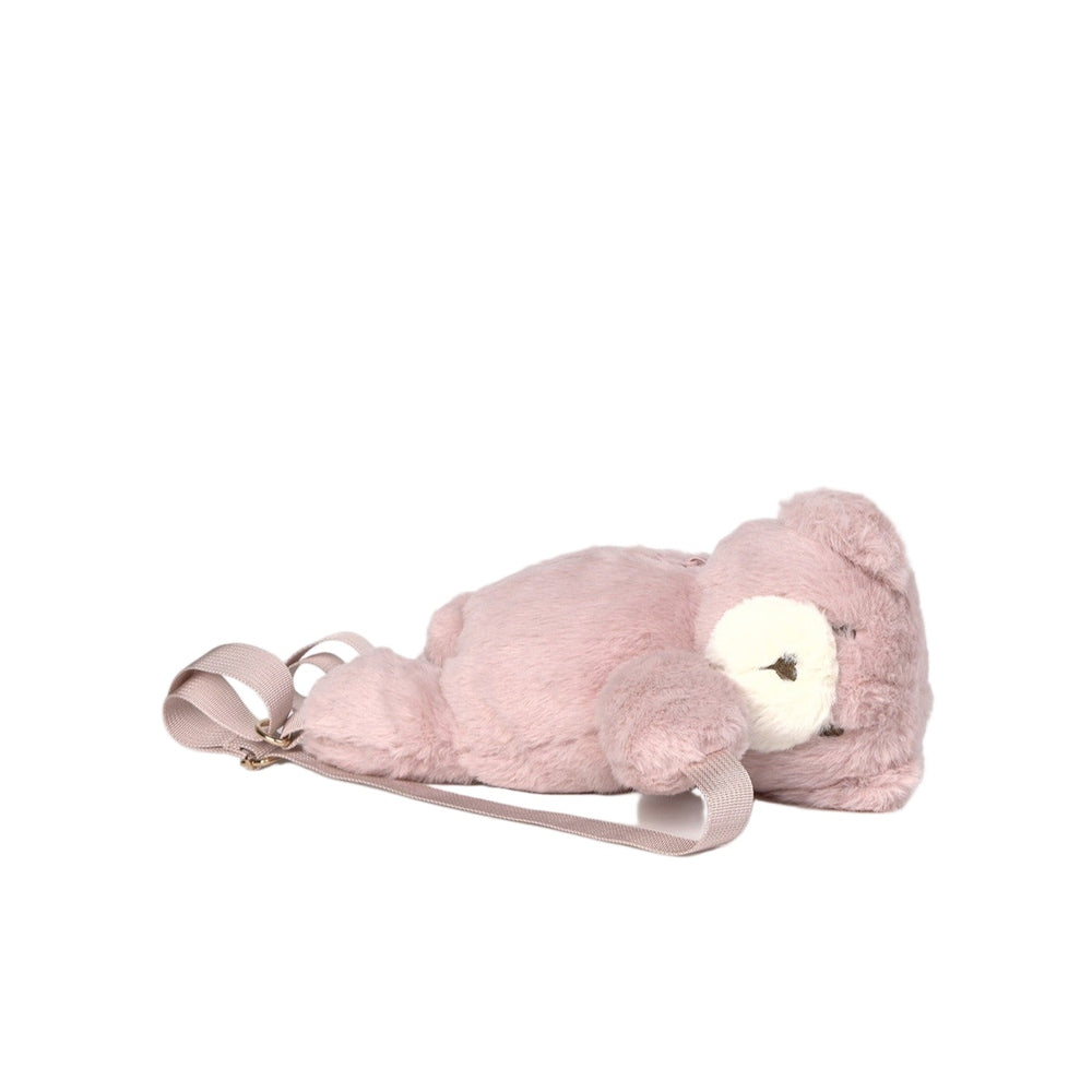 MAYORAL Teddy Bear Backpack in soft pink plush with cream face, adjustable straps laid beside ready to wear.