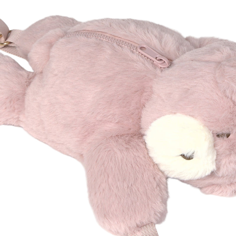 MAYORAL Teddy Bear Backpack in pink plush with a back zipper, showcasing soft furry texture and adjustable straps