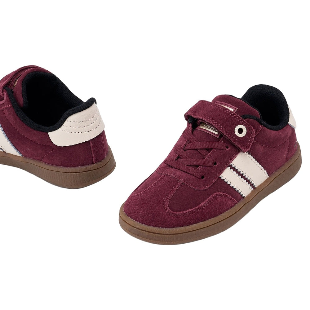 Mayoral Trainers Bordeaux toddler shoes, burgundy suede with white stripes and Velcro strap, easy on/off.