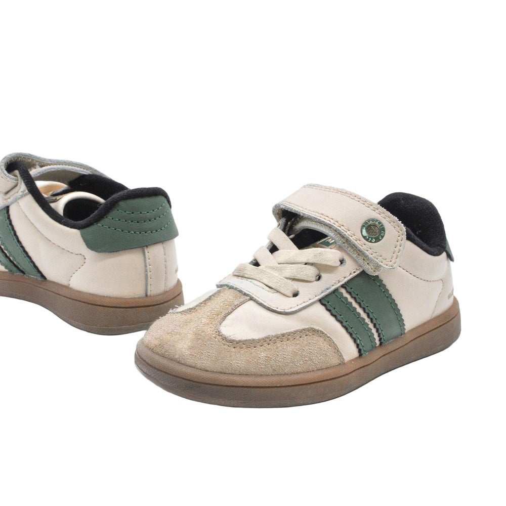 Mayoral Trainers Natural for babies; beige sneakers with green stripes, lace-up plus Velcro strap, two shoes shown.