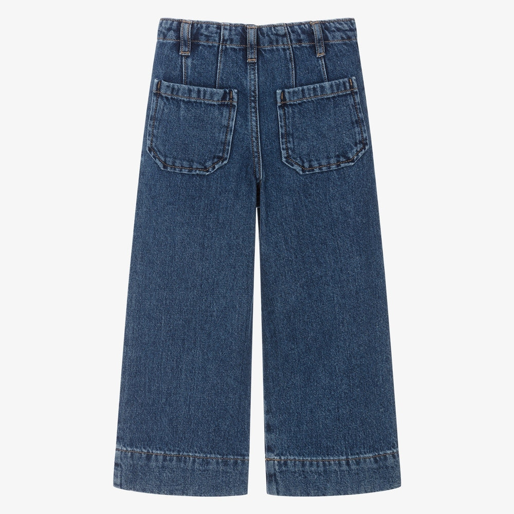 Mayoral Wide Leg Denim Pants for toddlers, dark blue denim with back pockets and belt loops, wide-leg silhouette.