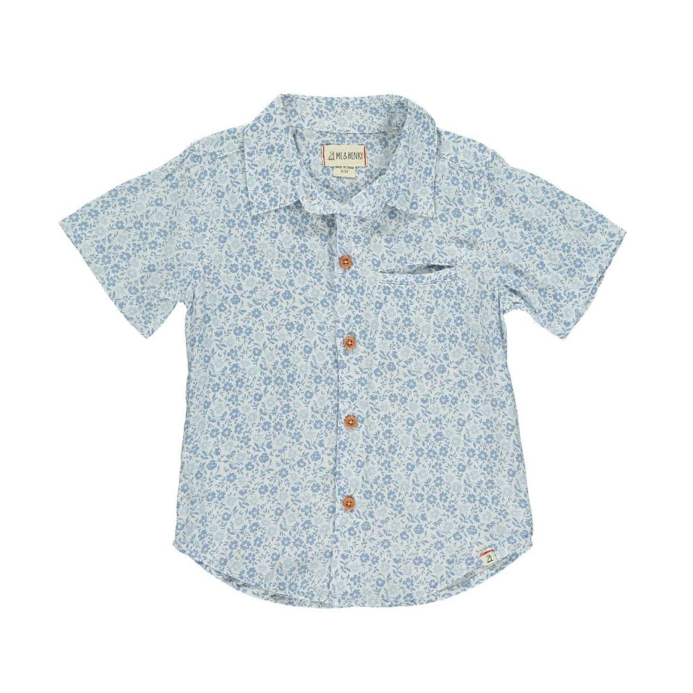 Me & Henry Newport blue floral woven shirt for kids, short-sleeve with brown buttons