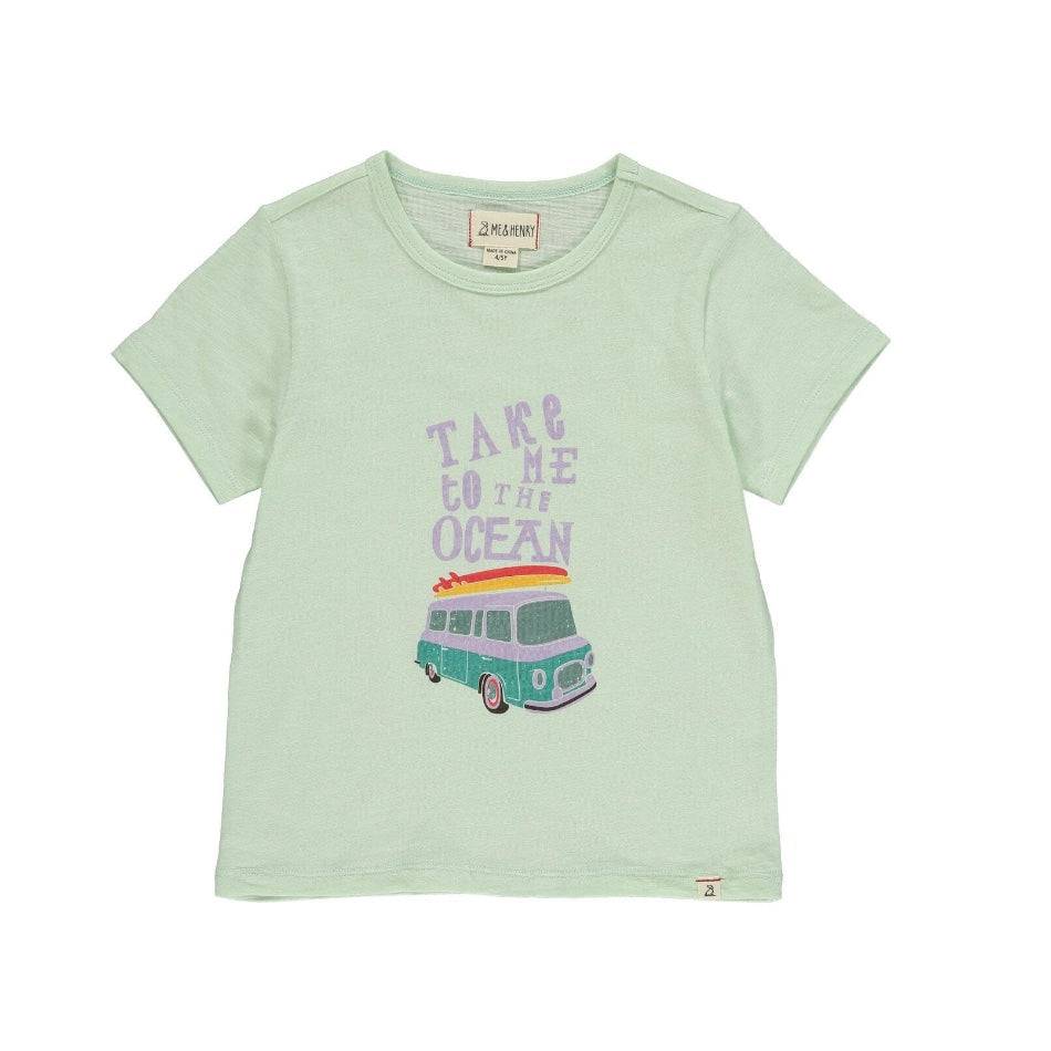 Me & Henry sage Take Me To The Ocean Tee with teal van graphic