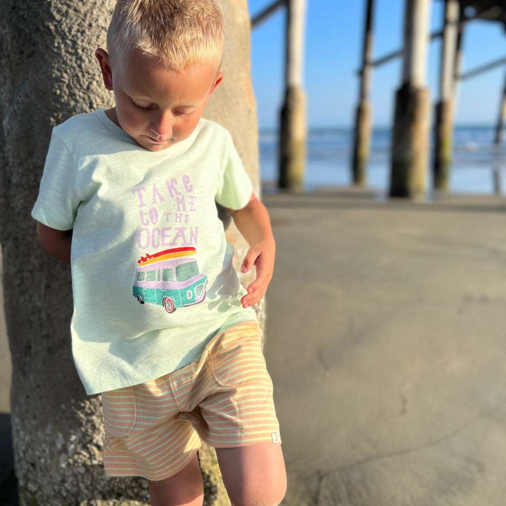 Me & Henry Sage Take Me To The Ocean tee for toddlers; pastel sage T-shirt with teal van graphic