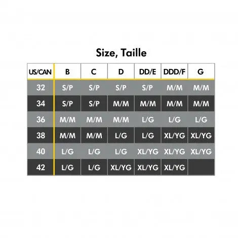 Medela 3 In 1 Nursing Bra Black size chart; grid shows US/CA sizes 32-42 and cup options.