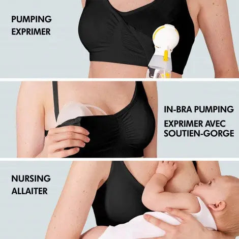 Medela 3 In 1 Nursing Bra Black worn during pumping and nursing, featuring a hands-free pump clip for easy use.