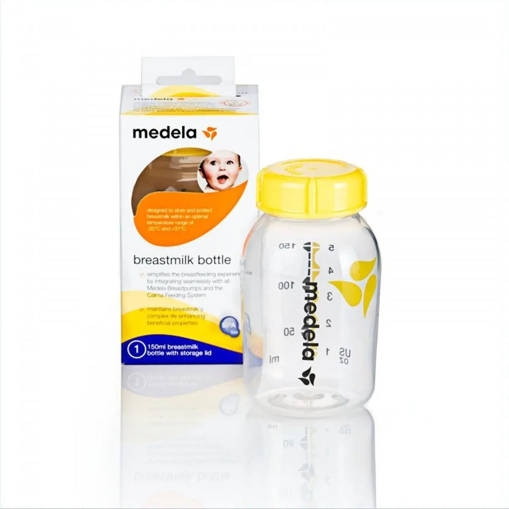 Medela Breastmilk Bottle with yellow cap, 150 ml capacity, displayed beside its MEDELA packaging box.