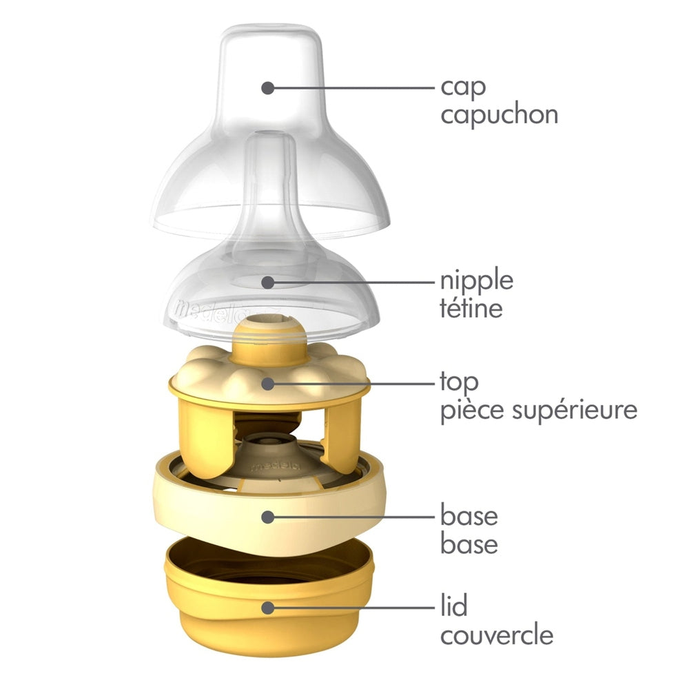 Medela Calma 150 ml baby bottle with clear cap, nipple, and yellow base parts.