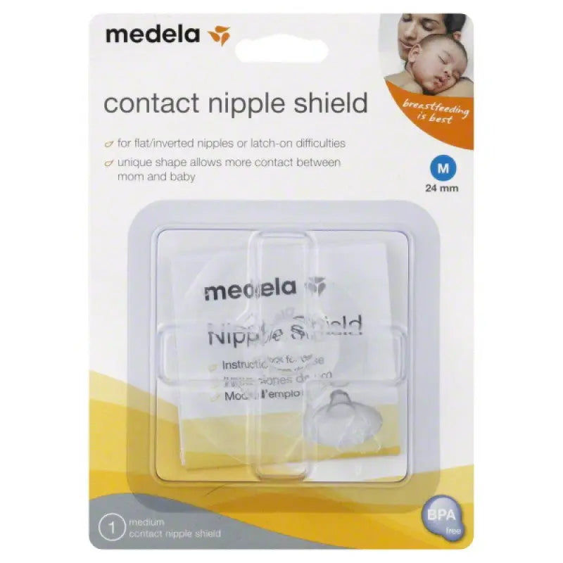 Medela contact nipple shield, medium 24 mm, BPA-free, shown in packaging for breastfeeding use.