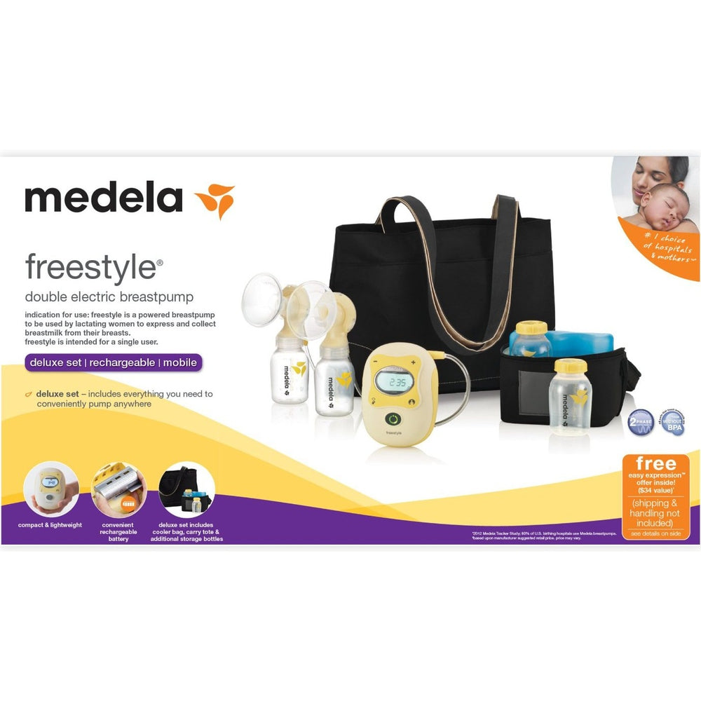 Medela Freestyle double electric breast pump deluxe set with tote bag and four bottles