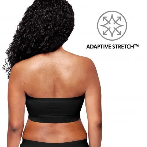 Medela Hands Free Pumping Bustier Black, strapless adaptive-stretch nursing bra shown from the back.