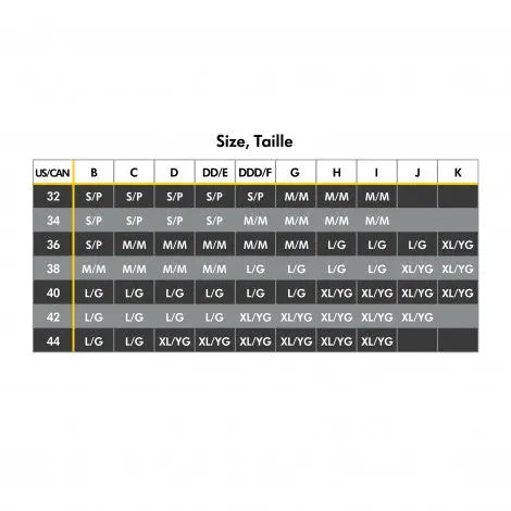 Medela Hands Free Pumping Bustier Black beside a size chart showing US/CA sizes 32-44.