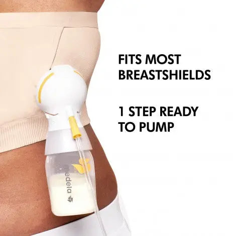 Medela Hands Free Pumping Bustier Chai; beige nursing bra with attached pump and bottle ready for pumping.